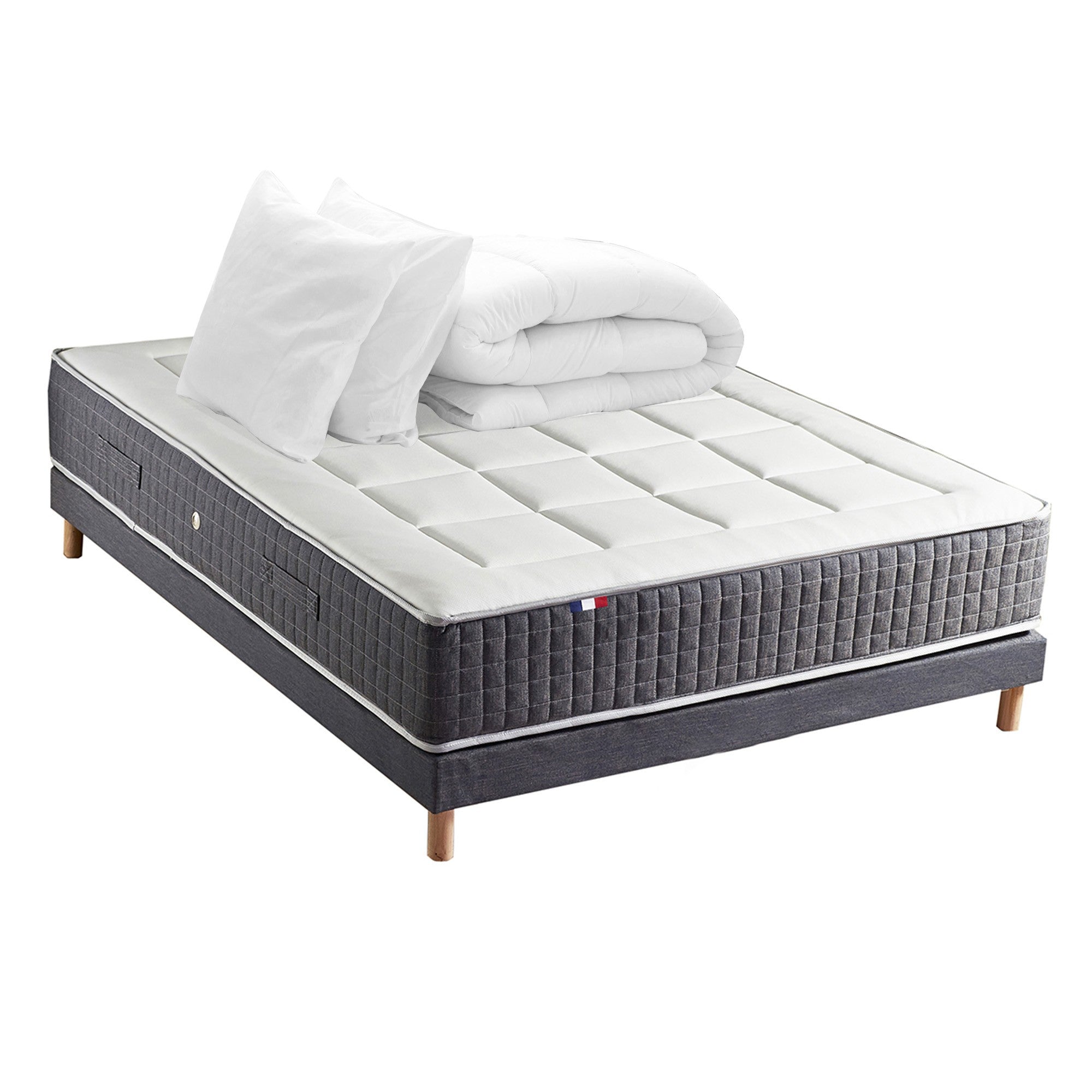 Pack matelas 30 cm 7 zones sommier bleu couette oreillers 140x190 cm