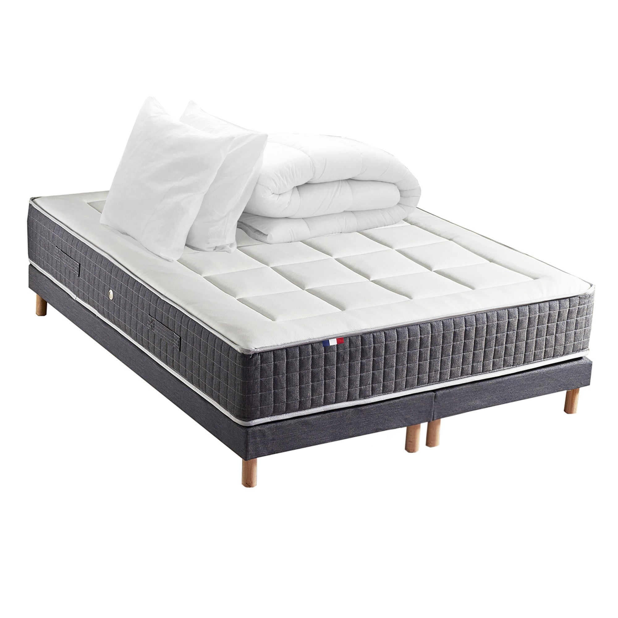 Pack matelas 30 cm 7 zones sommier bleu couette oreillers 160x200 cm
