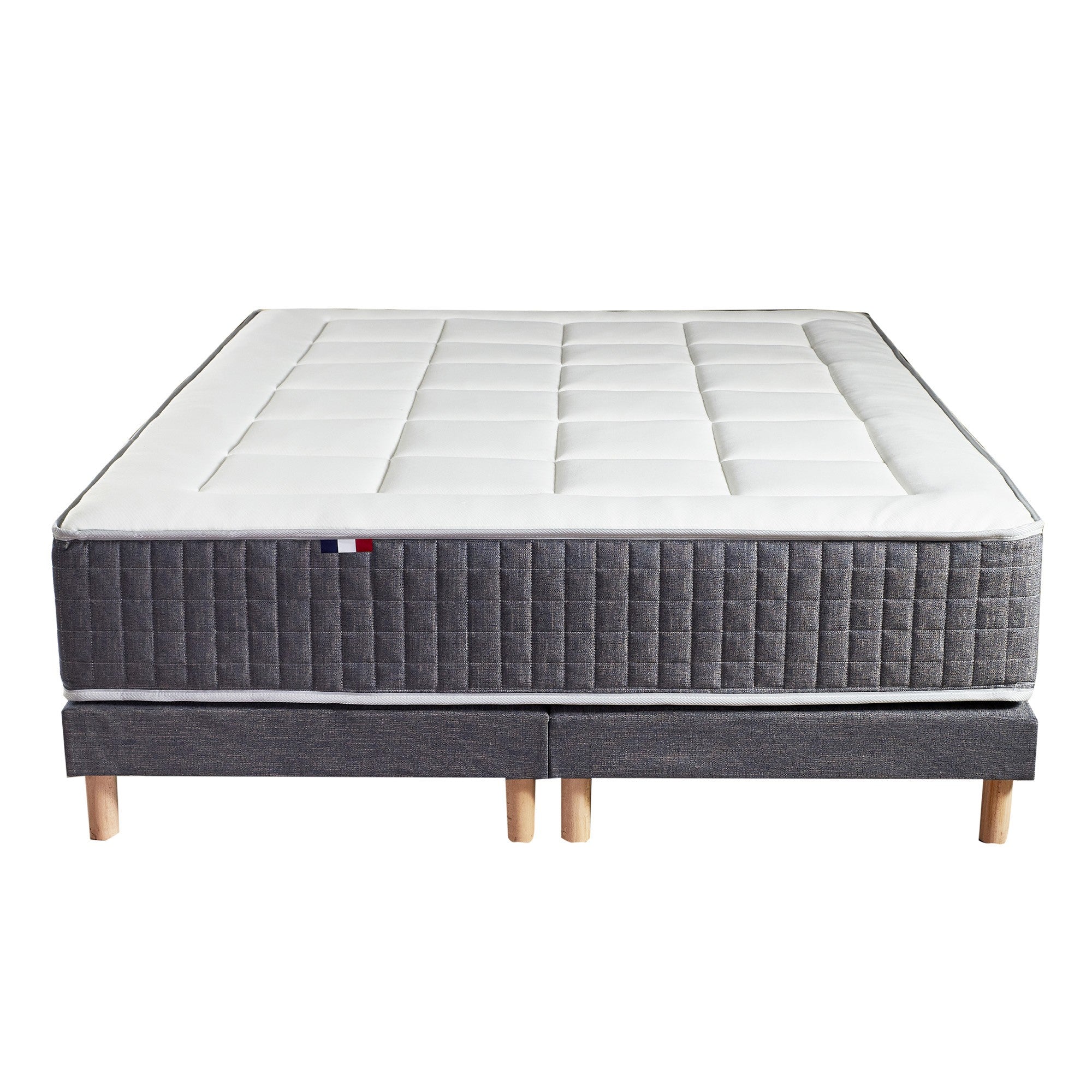 Pack matelas 30 cm 7 zones sommier bleu couette oreillers 160x200 cm