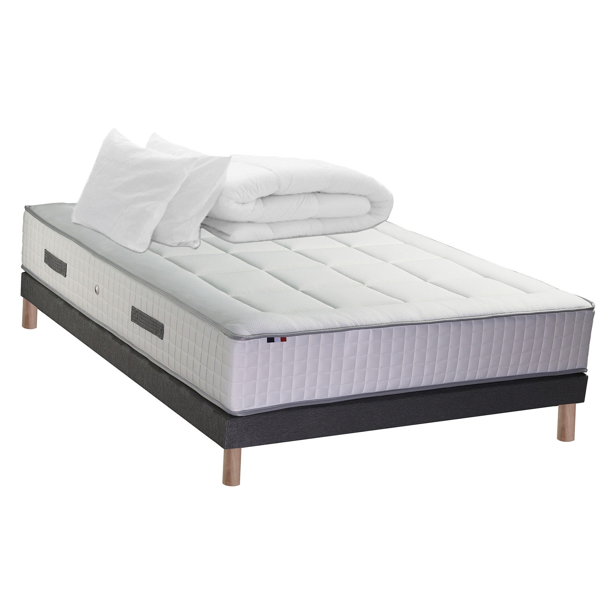 Ensemble 140x190 cm matelas 30 cm Ressort 7 zones + sommier + oreiller + couette - FABRICATION FRANCAISE