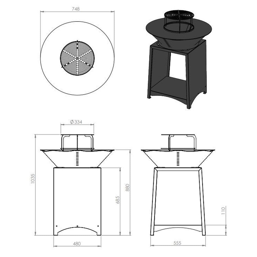 Brasero haut avec plaque et grille amovible en acier barbecue plancha extérieur Ø 75 cm