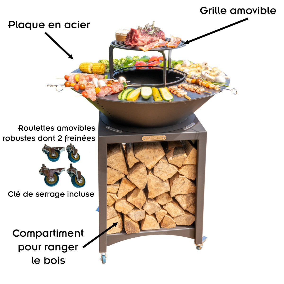 Brasero haut avec plaque et grille amovible en acier barbecue plancha extérieur Ø 75 cm