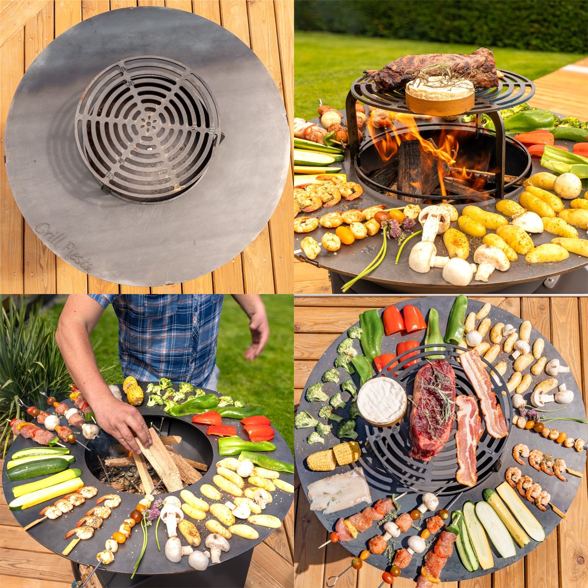 Brasero haut avec plaque et grille amovible en acier barbecue plancha extérieur Ø 100 cm