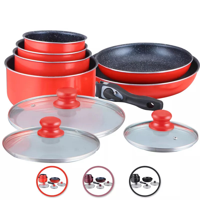 Batterie de cuisine revêtement pierre avec manche amovible 10 pièces Herzberg - Rouge