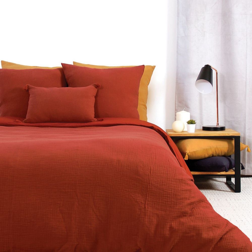 Housse de couette + 2 taies d'oreiller 63x63 Gaze de Coton Ocre