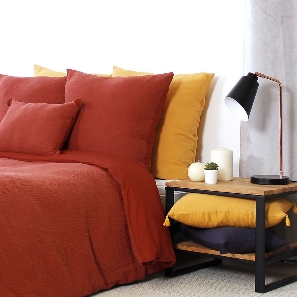 Housse de couette + 2 taies d'oreiller 63x63 Gaze de Coton Ocre