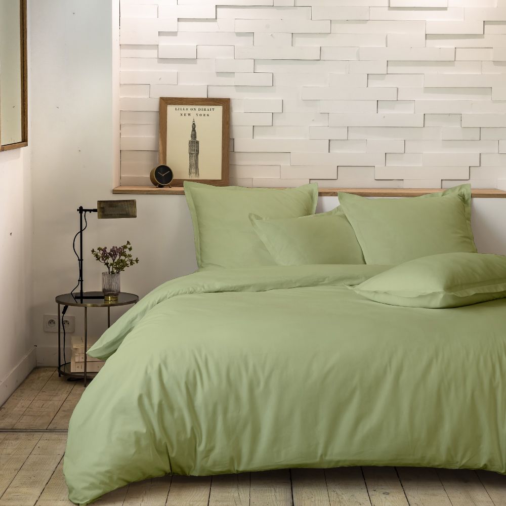 Housse de couette + 2 taies d'oreiller, percale 80 fils, Sauge