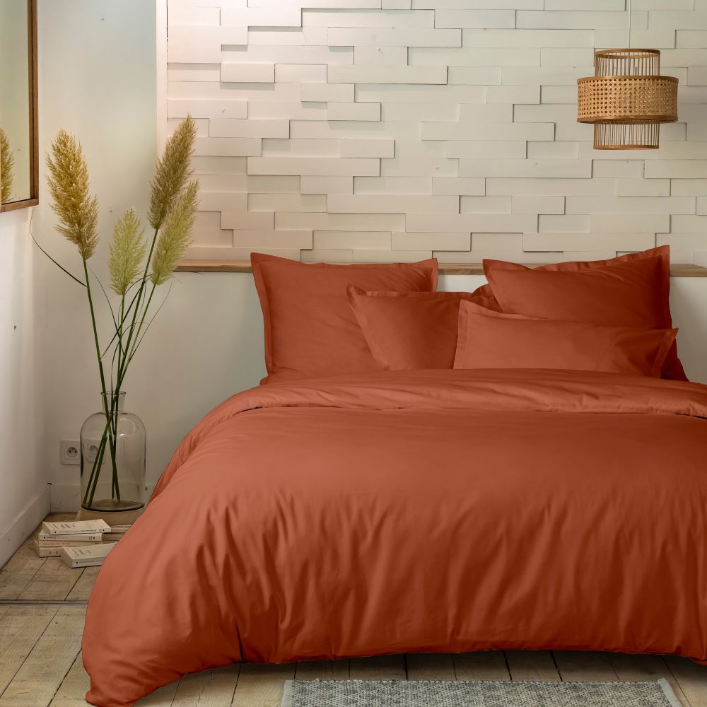Housse de couette + 2 taies 100% Percale de Coton 80 fils Terracotta