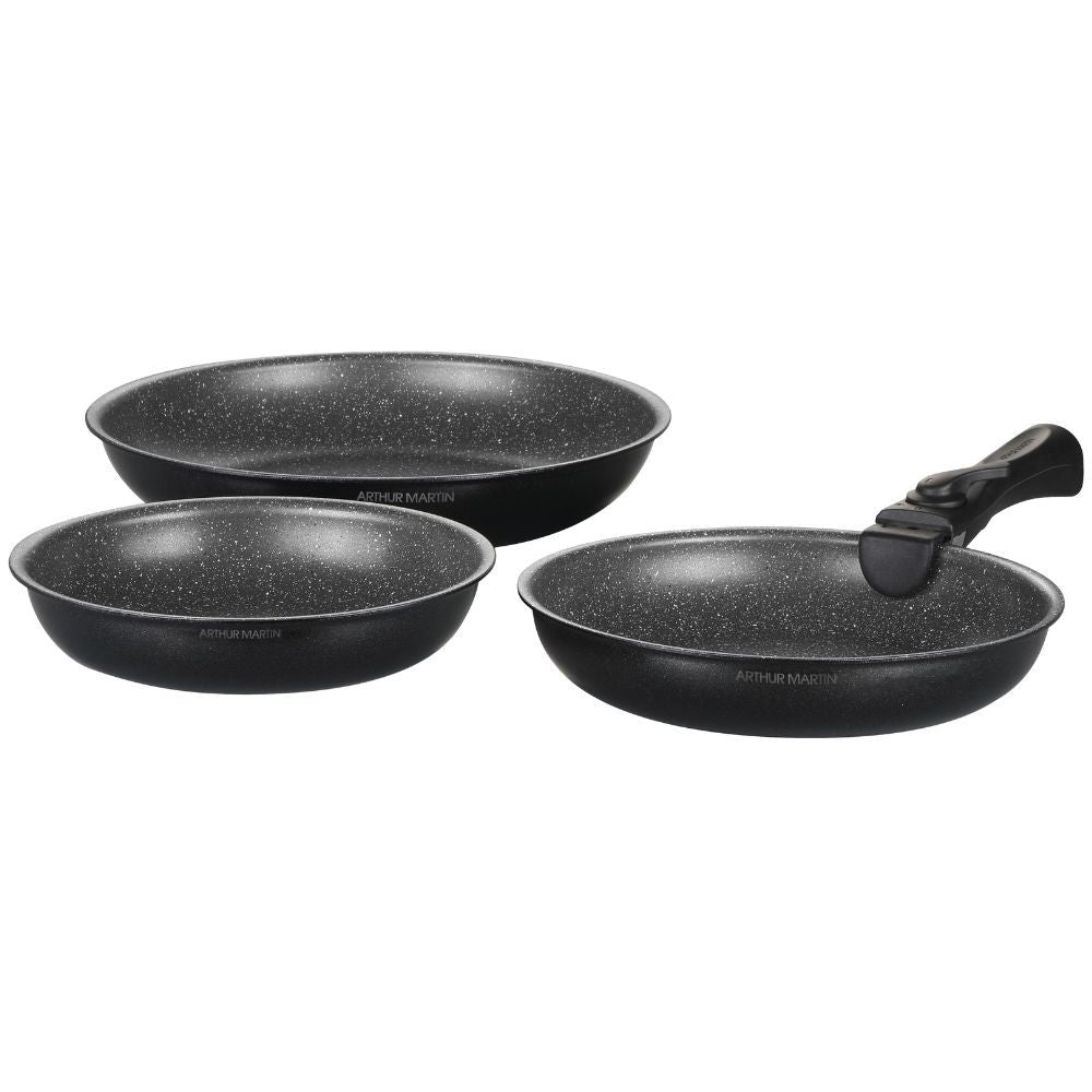 Set de 3 Poêles Tous Feux Noir Arthur Martin 20 - 24 - 28 cm avec une Poignée