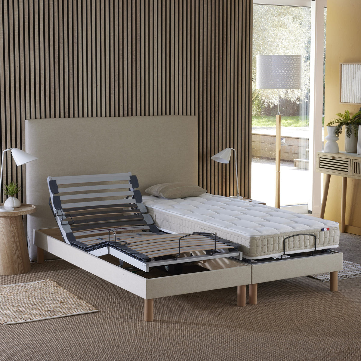 Lot de 2 lits électriques de relaxation multi lattes lisse Beige2x80 x 200