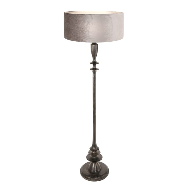 Lampadaire noir en bois et abat-jour en velours gris