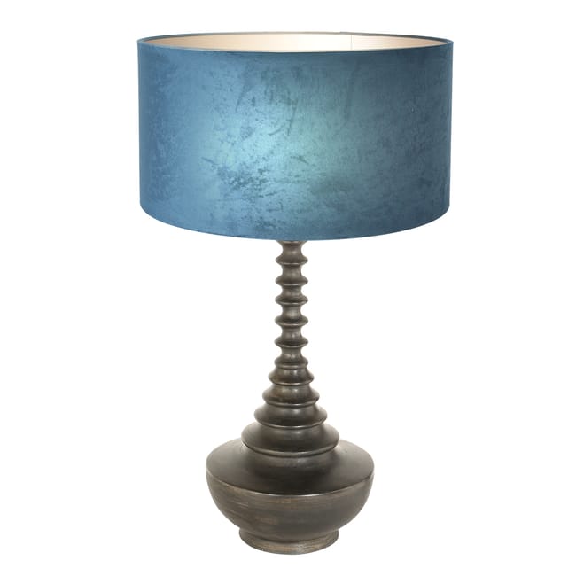 Lampe de table, base en bois avec abat-jour en velours bleu