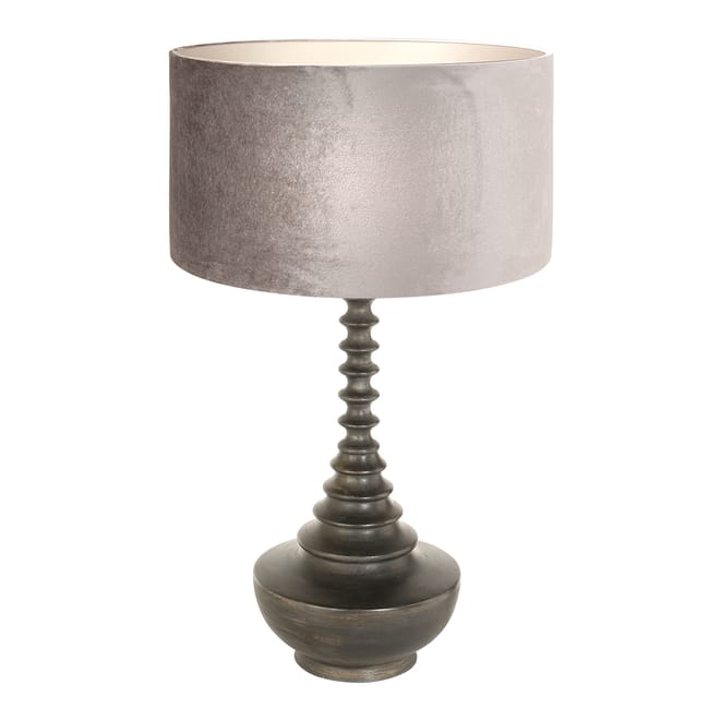 Lampe de table base en bois avec abat-jour en velours gris-taupe