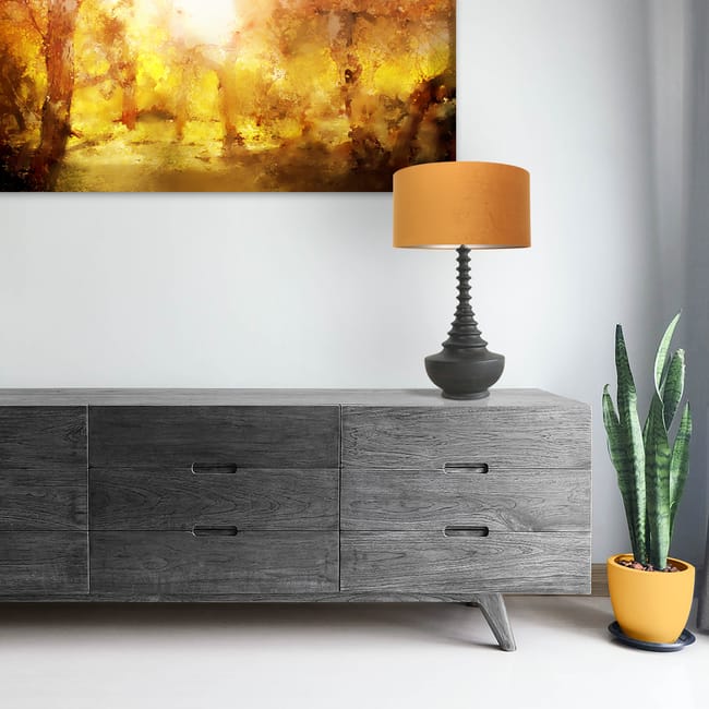 Lampe de table, base en bois avec abat-jour en velours doré