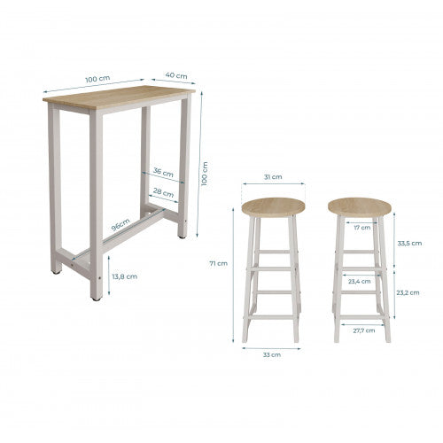 Table haute avec 2 tabourets blancs & chêne clair - 100 X 100 cm - Anivia