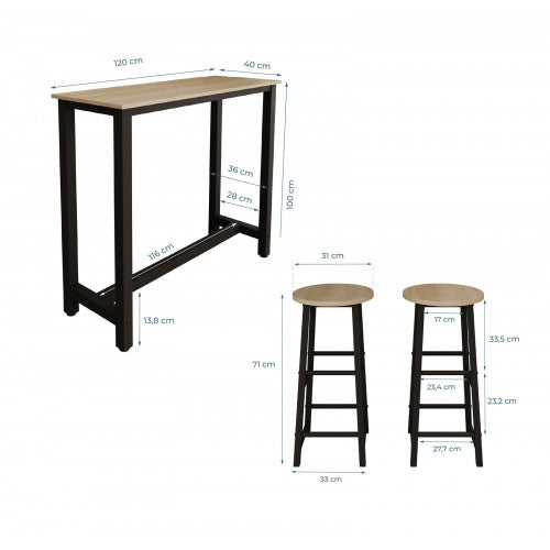 Table haute avec 2 tabourets noires & chêne clair - 120 X 100 cm - Anivia