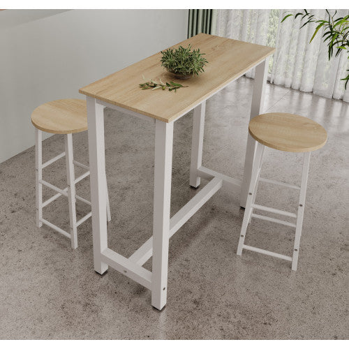 Table haute avec 2 tabourets blancs & chêne clair - 100 X 100 cm - Anivia