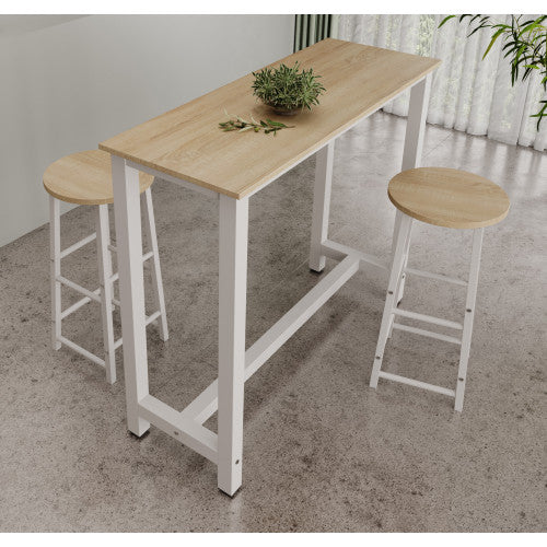 Table haute avec 2 tabourets blancs & chêne clair - 120 X 100 cm - Anivia