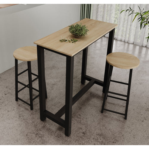 Table haute avec 2 tabourets noirs & chêne clair - 100 X 100 cm - Anivia
