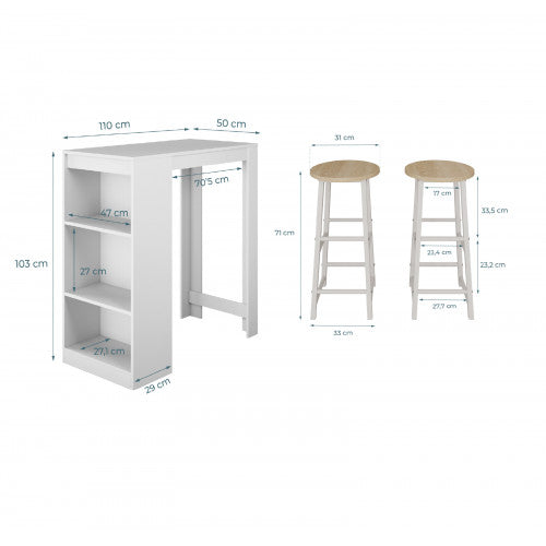 Table haute avec 2 tabourets blancs - 110 cm - Kala