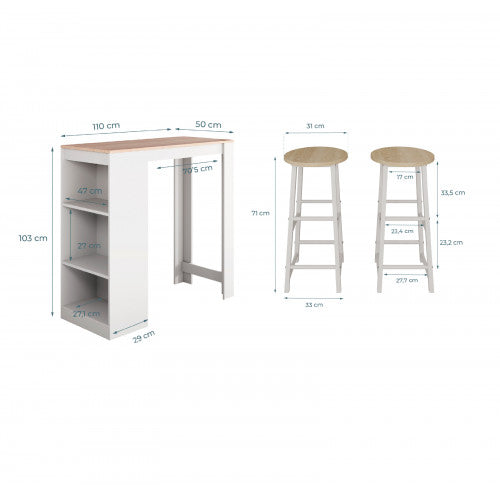 Table haute avec 2 tabourets blancs & chêne clair - 110 cm - Kala