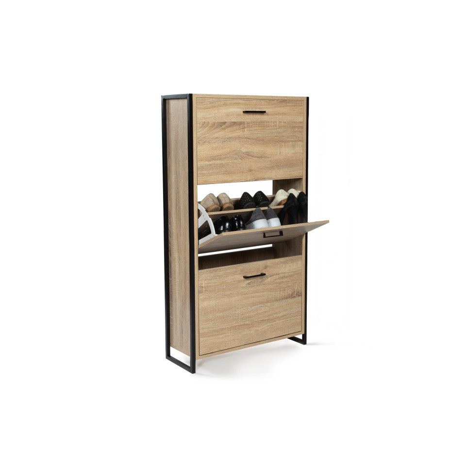 Meuble à chaussures industriel Alan 3 portes + niche latérale - 18 paires