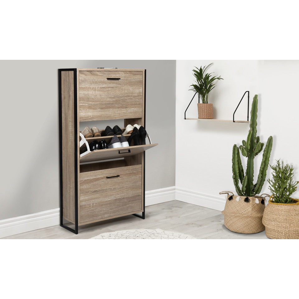 Meuble à chaussures industriel Alan 3 portes + niche latérale - 18 paires