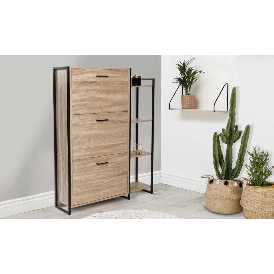 Meuble à chaussures industriel Alan 3 portes + niche latérale - 18 paires