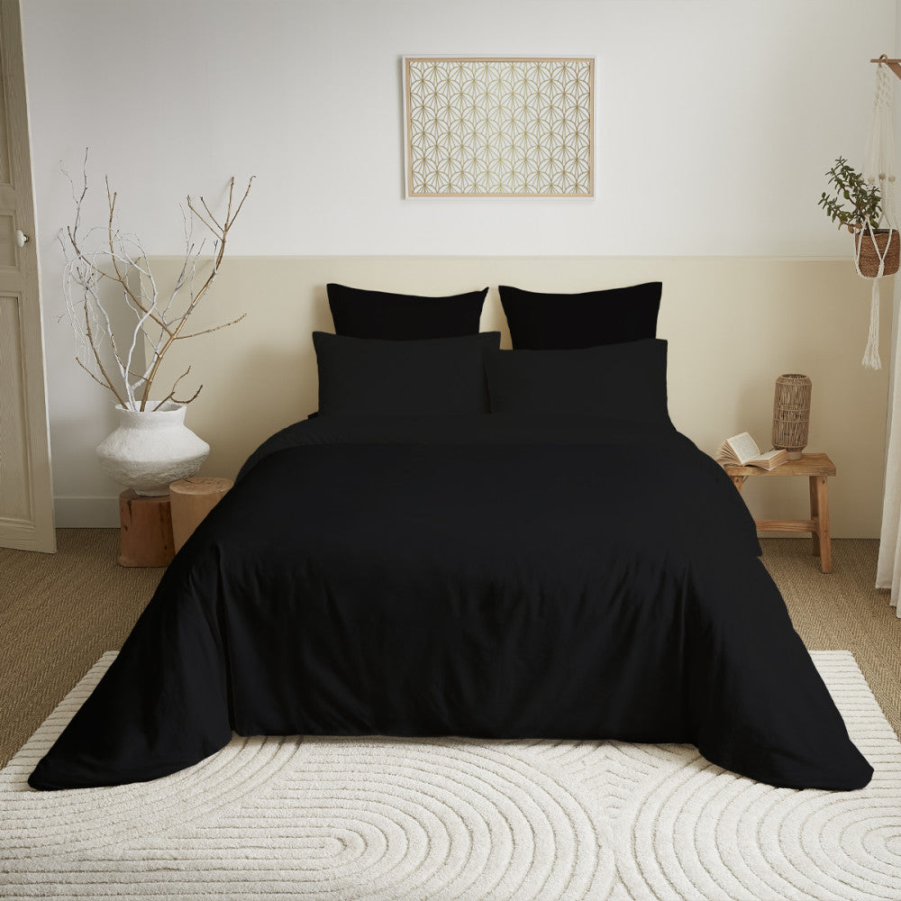 Pack 6 pièces Housse de couette Noir 220 x 240 cm - Drap housse 160 x 200 cm - 100% Coton 57 Fils
