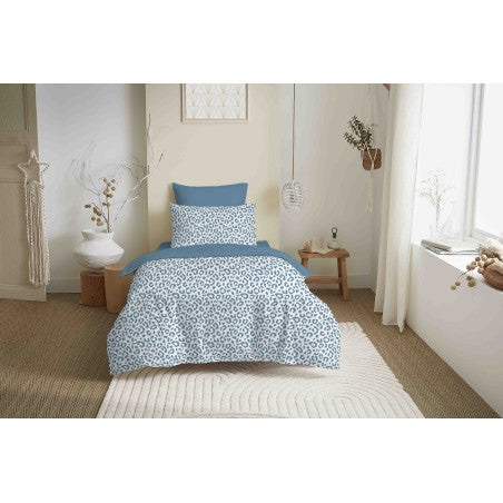 Pack Complet Housse de couette Imprimé 140 x 200 cm - Drap housse 90 x 190 cm - 100% coton / 57 fils/cm² - DIANA BLEU