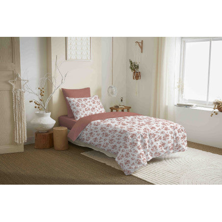 Pack Complet Housse de couette Imprimé 140 x 200 cm - Drap housse 90 x 190 cm - 100% coton / 57 fils/cm² - ELOISE ABRICOT