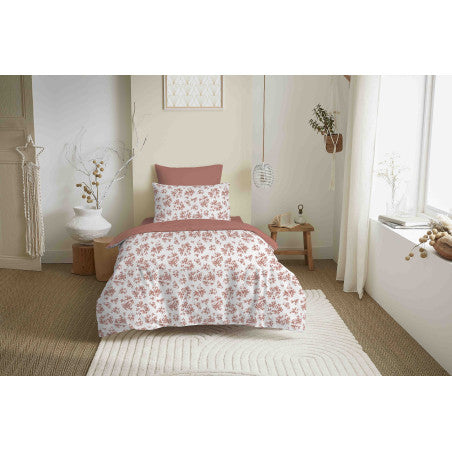Pack Complet Housse de couette Imprimé 140 x 200 cm - Drap housse 90 x 190 cm - 100% coton / 57 fils/cm² - ELOISE ABRICOT