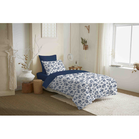 Pack Complet Housse de couette Imprimé 140 x 200 cm - Drap housse 90 x 190 cm - 100% coton / 57 fils/cm² - ELOISE BLEU