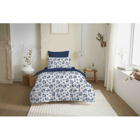 Pack Complet Housse de couette Imprimé 140 x 200 cm - Drap housse 90 x 190 cm - 100% coton / 57 fils/cm² - ELOISE BLEU
