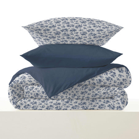 Pack Complet Housse de couette Imprimé 140 x 200 cm - Drap housse 90 x 190 cm - 100% coton / 57 fils/cm² - ELOISE BLEU