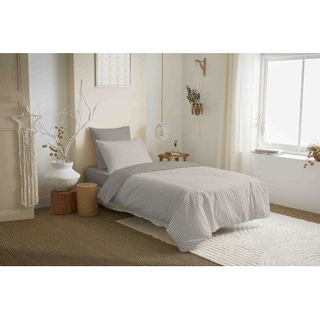 Pack Complet Housse de couette Imprimé 140 x 200 cm - Drap housse 90 x 190 cm - 100% coton / 57 fils/cm² - GABRIELLE NATUREL