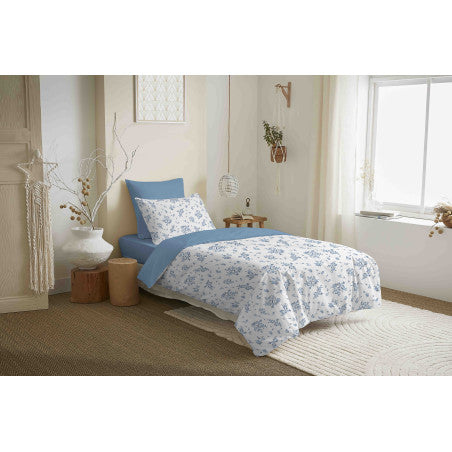 Pack Complet Housse de couette Imprimé 140 x 200 cm - Drap housse 90 x 190 cm - 100% coton / 57 fils/cm² - LOUISE BLEU