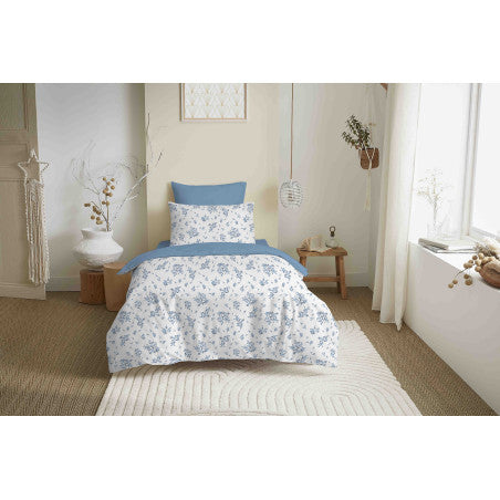 Pack Complet Housse de couette Imprimé 140 x 200 cm - Drap housse 90 x 190 cm - 100% coton / 57 fils/cm² - LOUISE BLEU