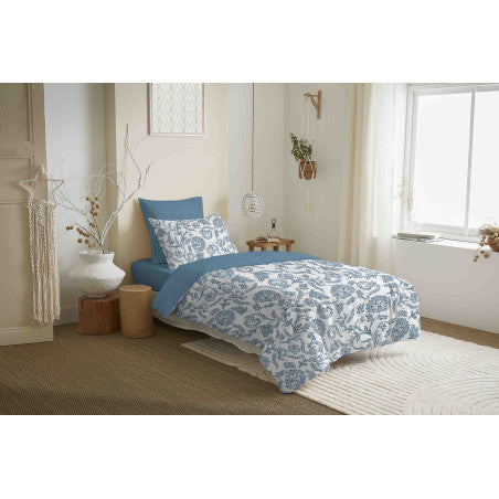Pack Complet Housse de couette Imprimé 140 x 200 cm - Drap housse 90 x 190 cm - 100% coton / 57 fils/cm² - SALMA BLEU