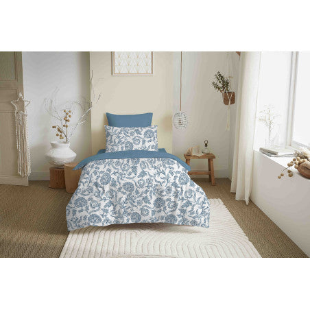 Pack Complet Housse de couette Imprimé 140 x 200 cm - Drap housse 90 x 190 cm - 100% coton / 57 fils/cm² - SALMA BLEU