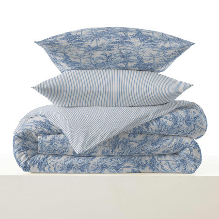 Pack Complet Housse de couette Imprimé 220 x 240 cm - Drap housse 140 x 190 cm - 100% coton / 57 fils/cm² - ADAMA AZUR