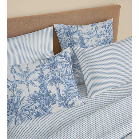 Pack Complet Housse de couette Imprimé 220 x 240 cm - Drap housse 140 x 190 cm - 100% coton / 57 fils/cm² - ADAMA AZUR