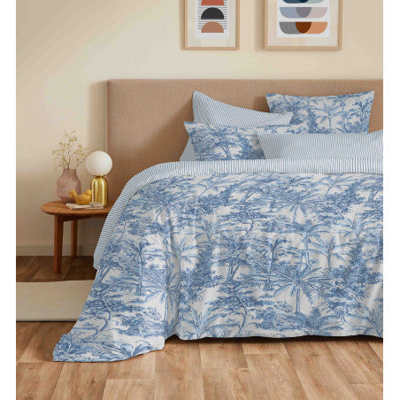 Pack Complet Housse de couette Imprimé 220 x 240 cm - Drap housse 140 x 190 cm - 100% coton / 57 fils/cm² - ADAMA AZUR