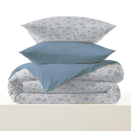 Pack Complet Housse de couette Imprimé 220 x 240 cm - Drap housse 140 x 190 cm - 100% coton / 57 fils/cm²- LOUISE BLEU