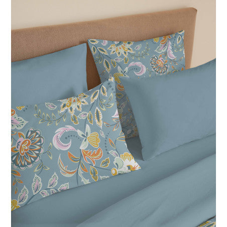 Pack Complet Housse de couette Imprimé 220 x 240 cm - Drap housse 160 x 200 cm - 100% coton / 57 fils/cm²- BERGAME TURQUOISE