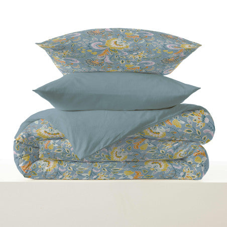 Pack Complet Housse de couette Imprimé 240 x 260 cm - Drap housse 180 x 200 cm King Size - 100% coton / 57 fils/cm²- BERGAME TURQUOISE