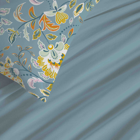 Pack Complet Housse de couette Imprimé 240 x 260 cm - Drap housse 180 x 200 cm King Size - 100% coton / 57 fils/cm²- BERGAME TURQUOISE