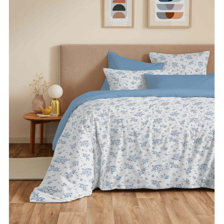 Pack Complet Housse de couette Imprimé 240 x 260 cm - Drap housse 180 x 200 cm King Size - 100% coton / 57 fils/cm² - LOUISE BLEU