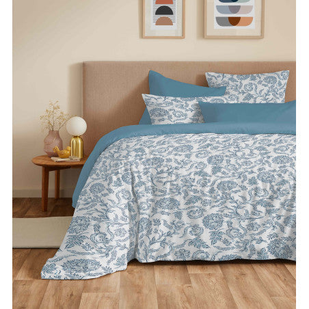 Pack Complet Housse de couette Imprimé 240 x 260 cm - Drap housse 180 x 200 cm King Size - 100% coton / 57 fils/cm²- SALMA BLEU