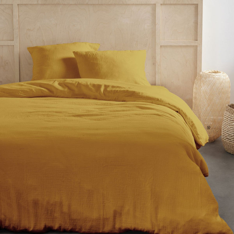 Pack 3 pièces Housse de couette 260 x 240 cm + 2 Taies d'oreiller 65 x 65 cm Gaze de Coton Ocre